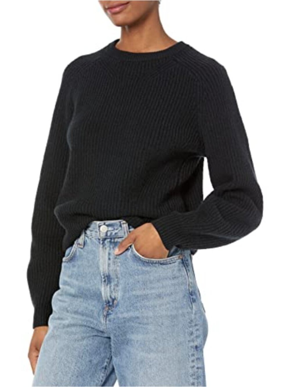 Womens Crew Neck Rib Sweater Relaxed Fit Blouson Sleeve Pullover